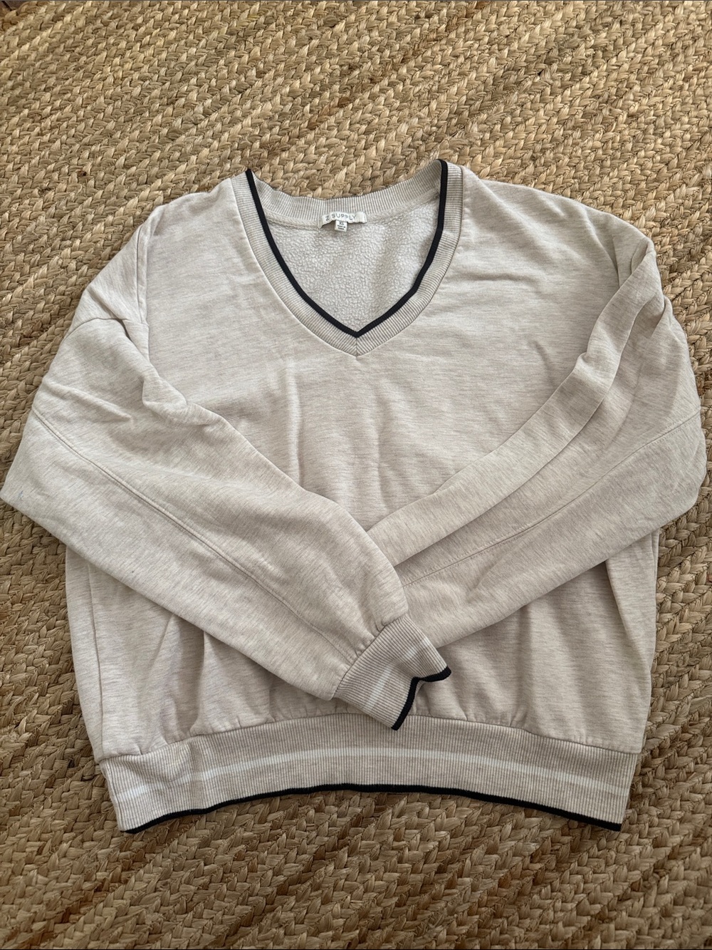 Z Supply Light Beige V-Neck Sweater with Contrast Trim
